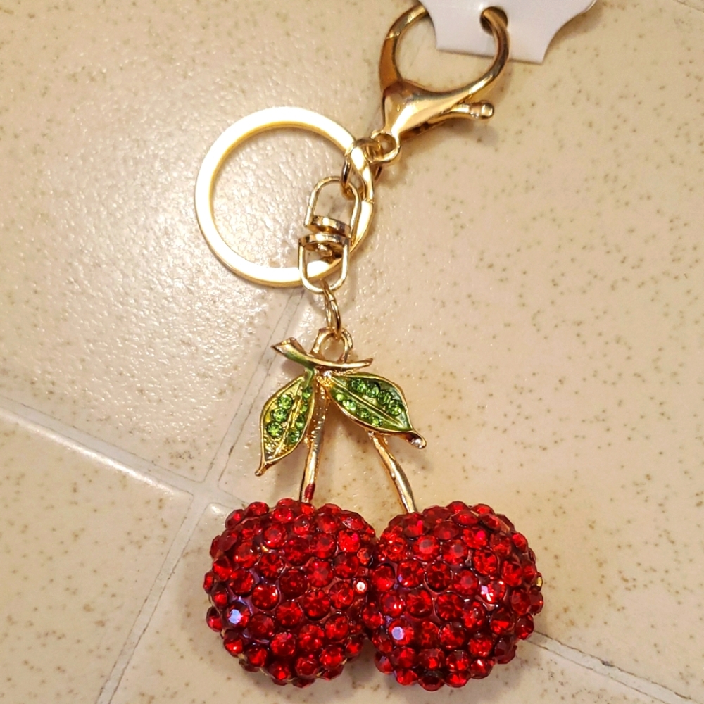 Red Cherry Cherries Keychain with Gold Accents Bag Charm New